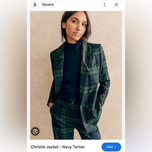Sézane Christie - navy blue and green tartan wool blazer. Never worn size 36.